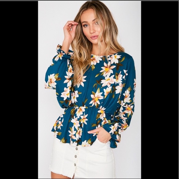 NEW Boutique Top Teal Floral Cinched Blouse Med M - Picture 6 of 7